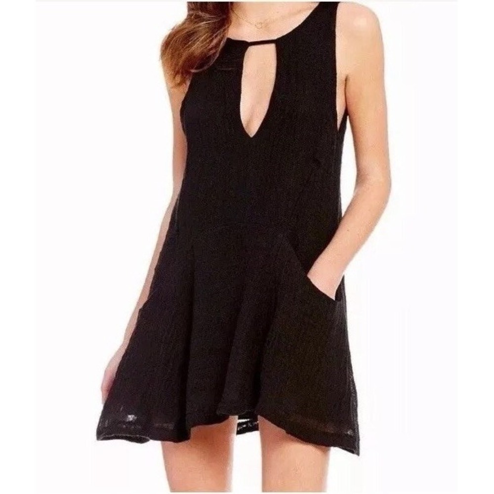Free People Black Linen Mini Dress Boho Sleeveless V-Neck Cutout Back XS NWT a5